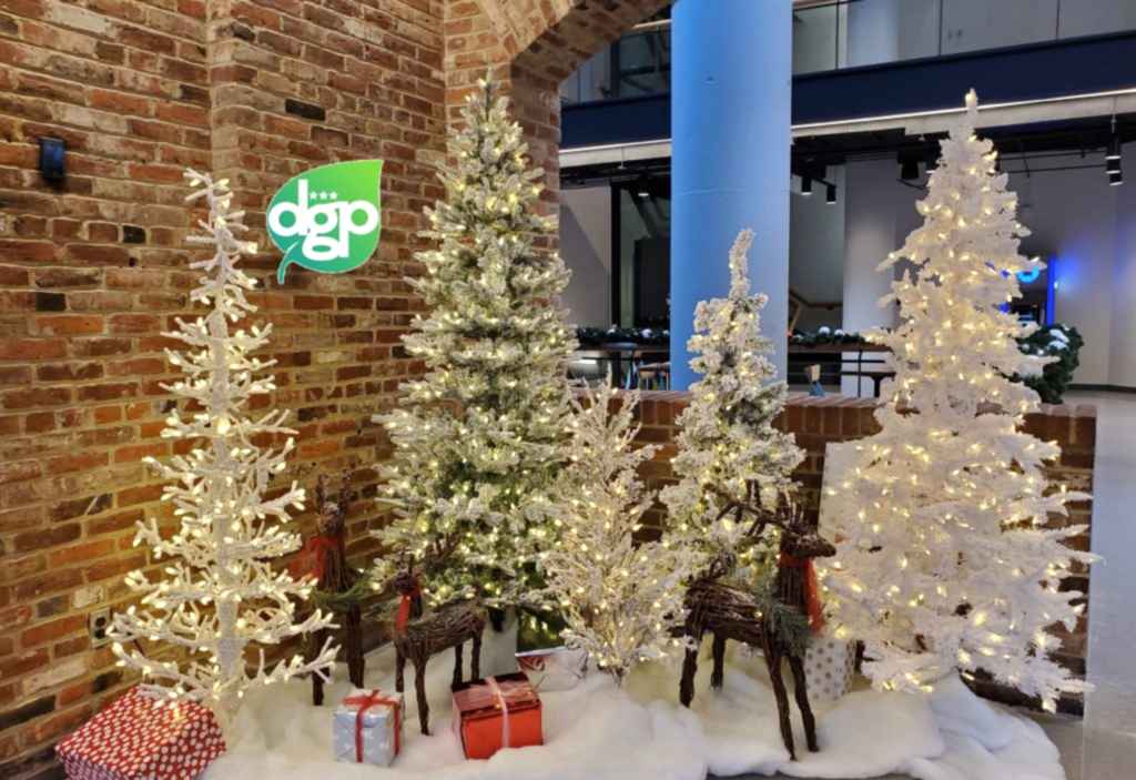 Decorated white and silver Christmas trees in a lobby