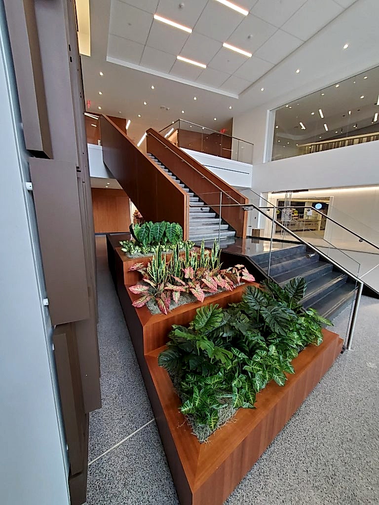 Tiered wood planter with tropical plants and tulips near an office staircase