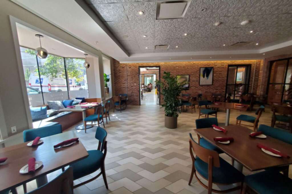 Lobby lounge with seating and plants
