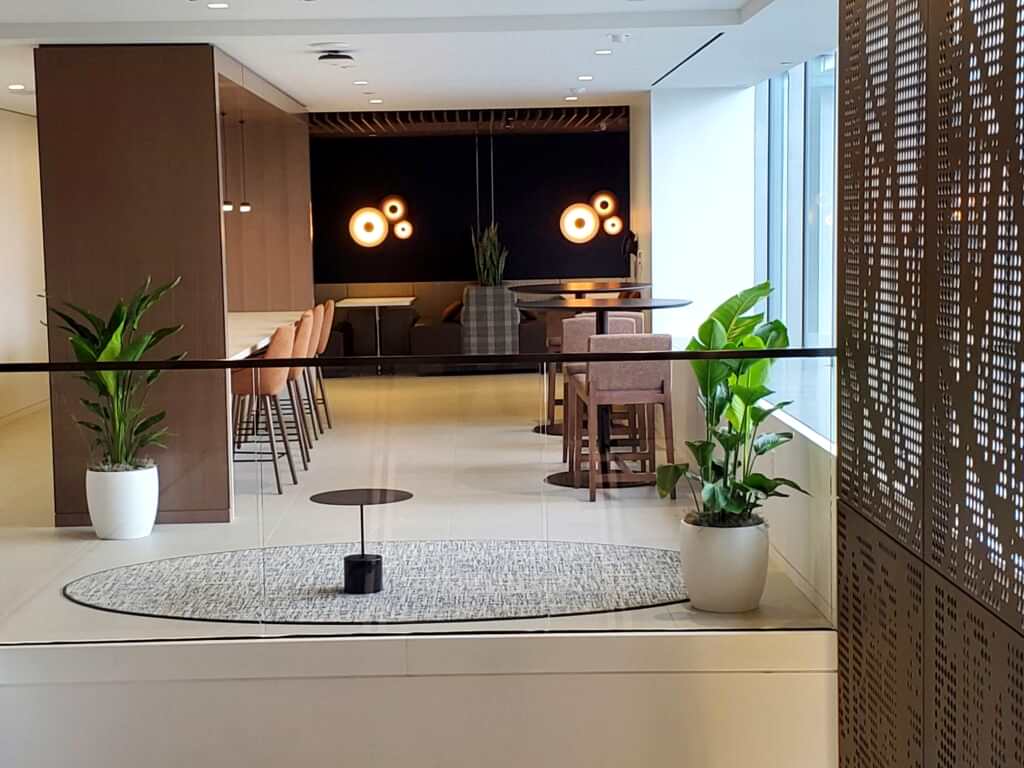Office lobby with plants and lounge seating